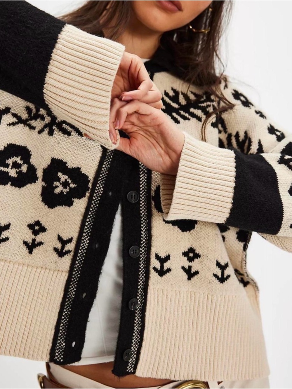 Free People Beige and Black Floral Jacquard Button Cardigan